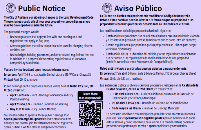 A purple postcard notifying residents of proposed land development code amendments.