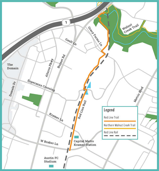 Illustrated map of the Red Line Trail from West Braker Lane to the Northern Walnut Creek Trail. Illustrated map of the Red Line Trail from West Braker Lane to the Northern Walnut Creek Trail.