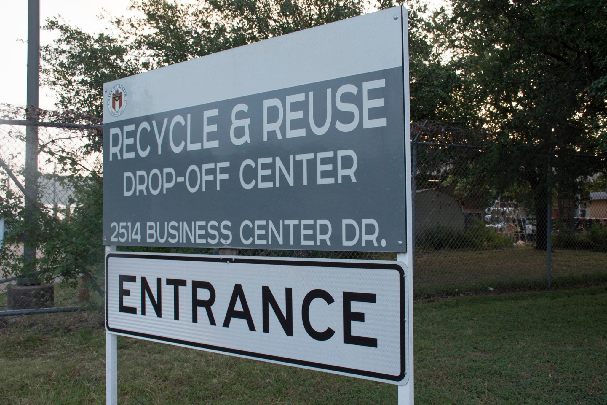 Recycle & Reuse Drop-off Center entrance sign Recycle & Reuse Drop-off Center entrance sign