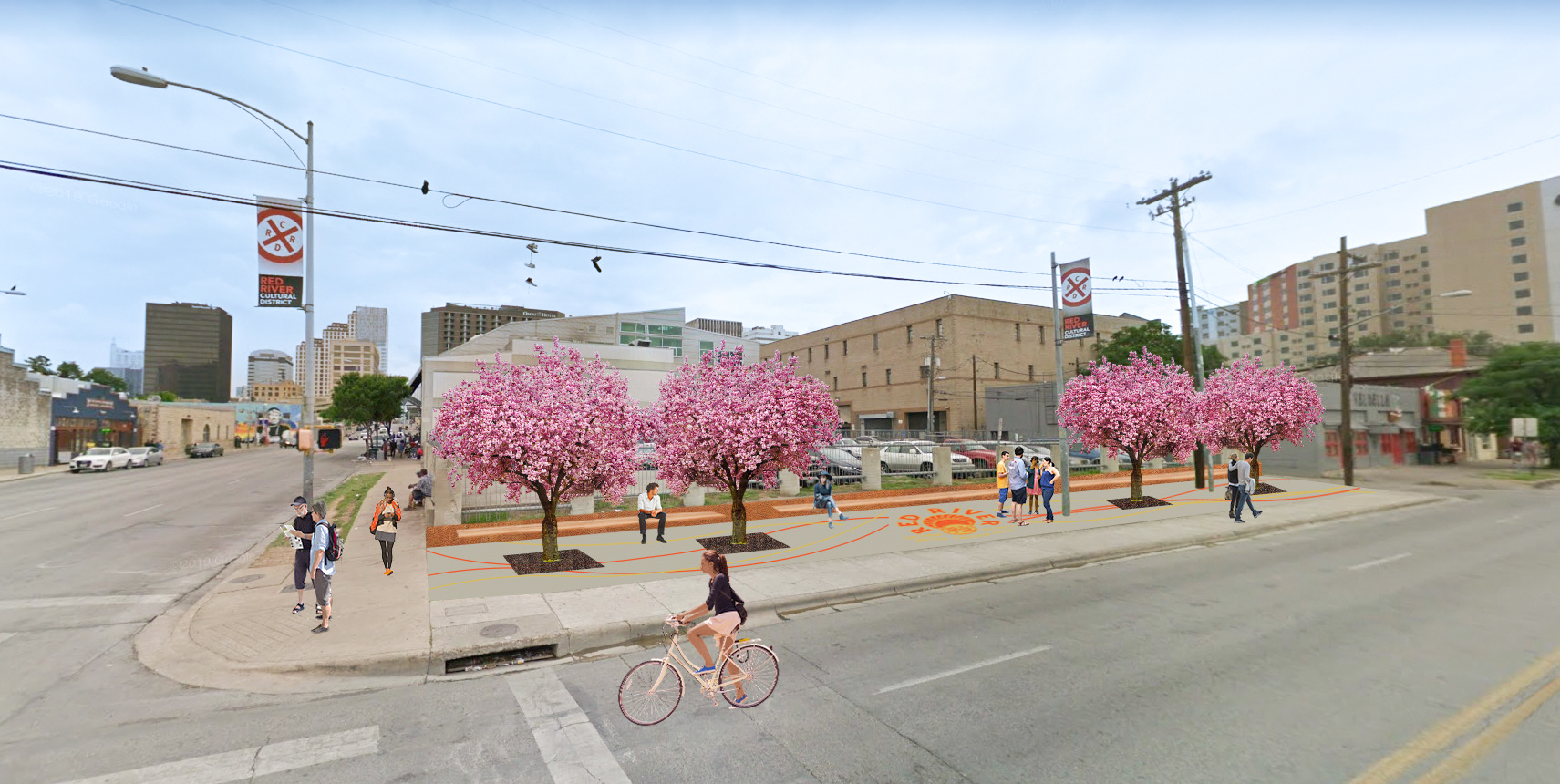 Photo rendering of proposed 7th Street Plaza at the NW corner of the 7th and Red River intersection including sidewalk corrections, pedestrian lighting, planters, and landscaping.