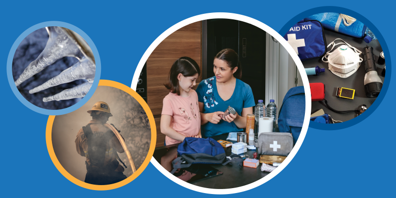 An image showing icicles, a firefighter, a mother and daughter building an emergency kit, and some emergency supplies.