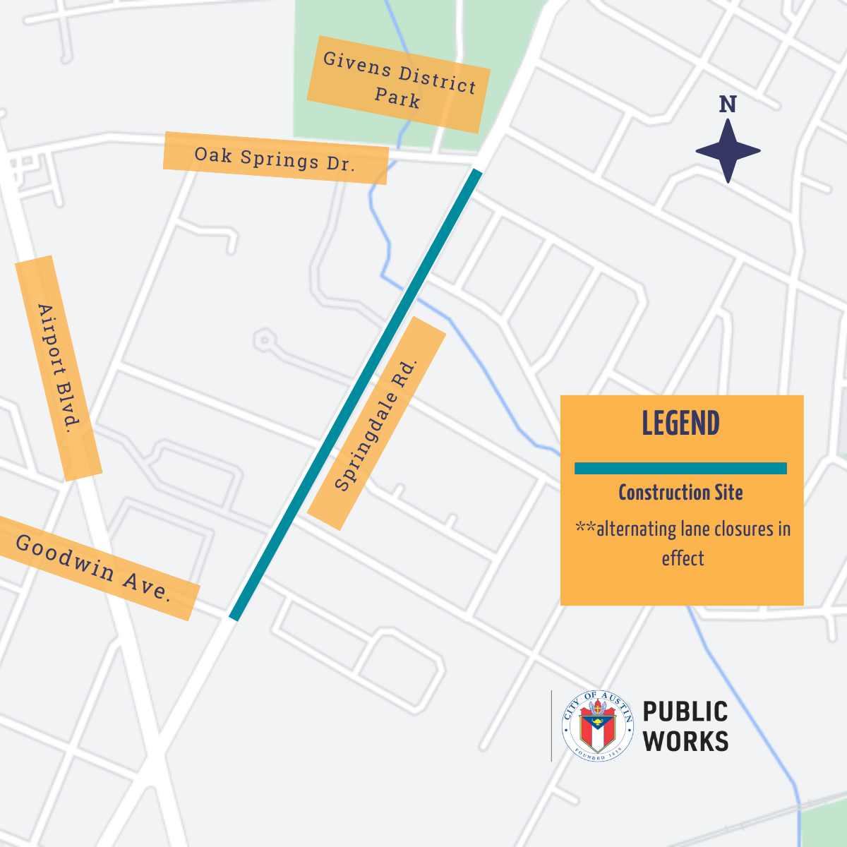 Map of Springdale Rd. construction between Goodwin Ave. and Oak Springs Dr. Map of Springdale Rd. construction between Goodwin Ave. and Oak Springs Dr.