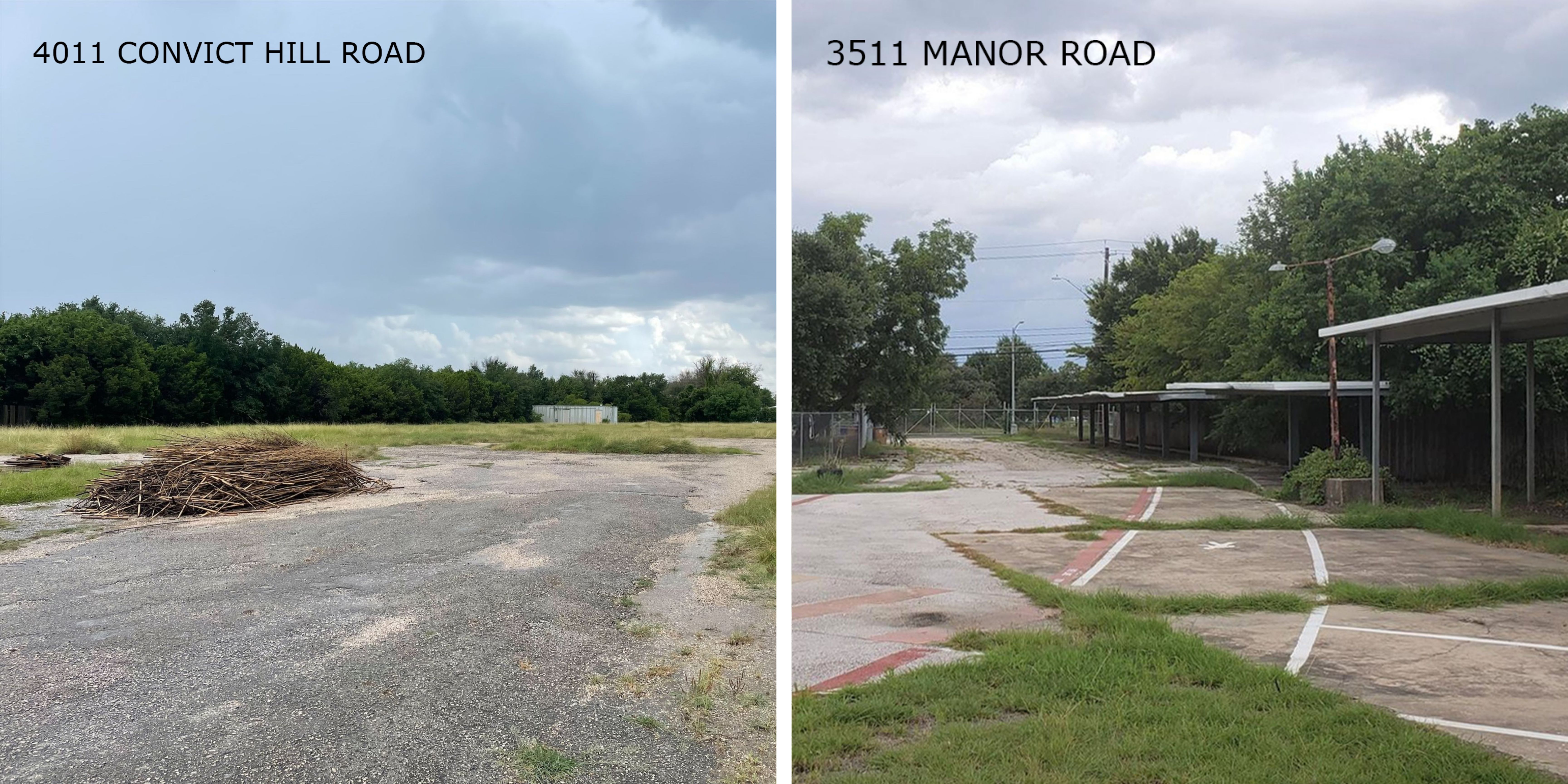 Photos of two possible City encampment sites in southwest and east Austin