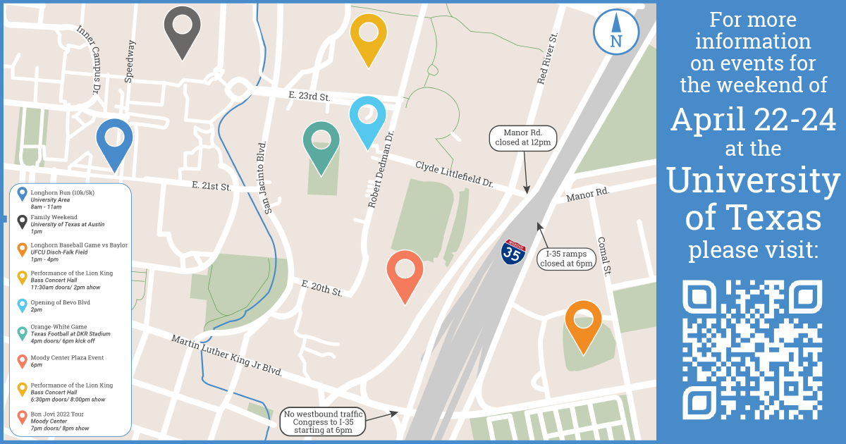 Map showing events on and around UT Austin April 22-24, 2022