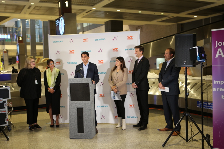 From left to right: Somer Shindler, Chief Development Officer for AUS; Jacqueline Yaft, Chief Executive Officer for AUS; Bhaskar Chopra, Senior Director, Siemens Logistics; Austin District 2 Councilmember Vanessa Fuentes; City Manager Spencer Cronk; Drew Roberts, Division Vice President, Whiting-Turner