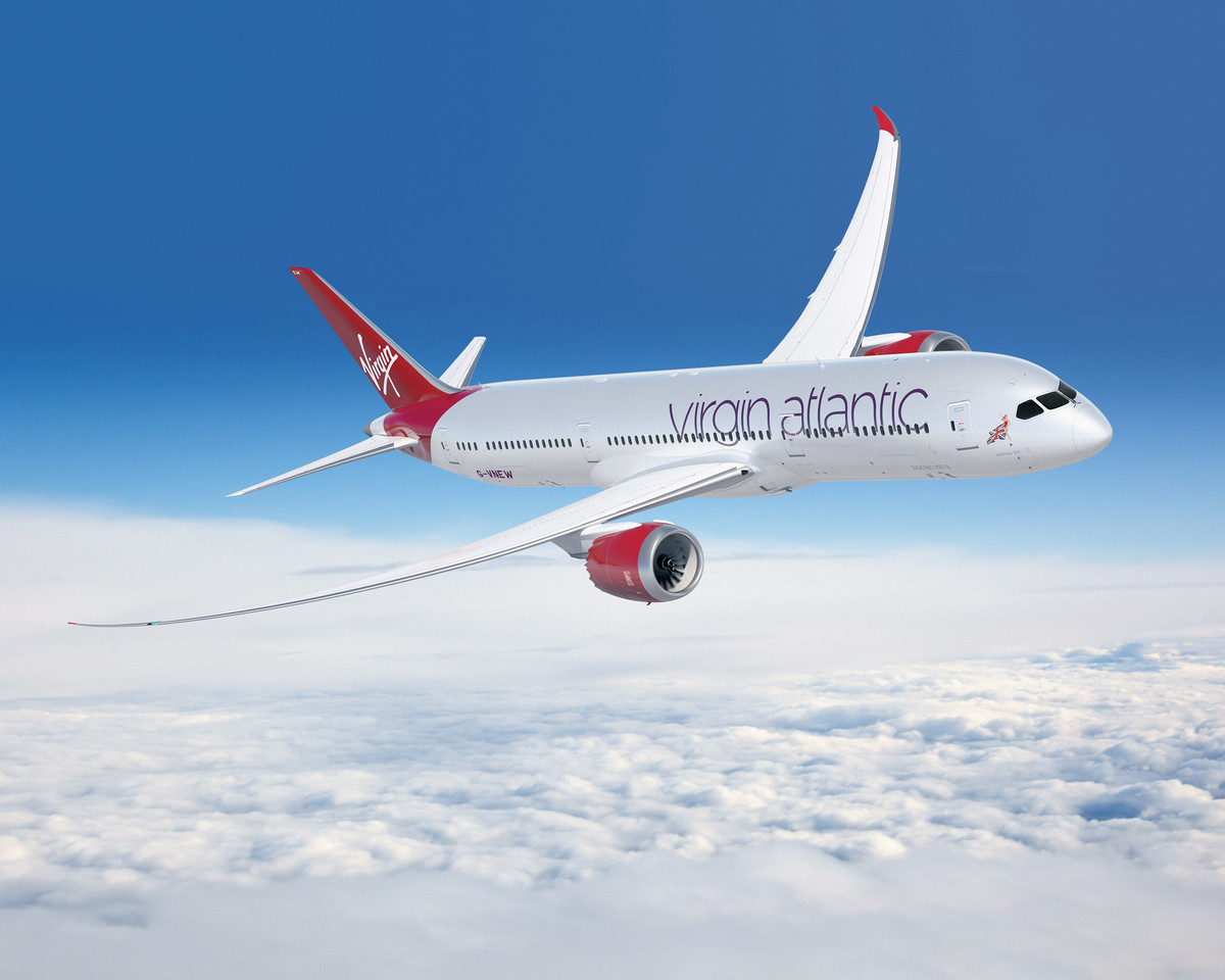 A Virgin Atlantic 787 Dreamliner flies above the clouds