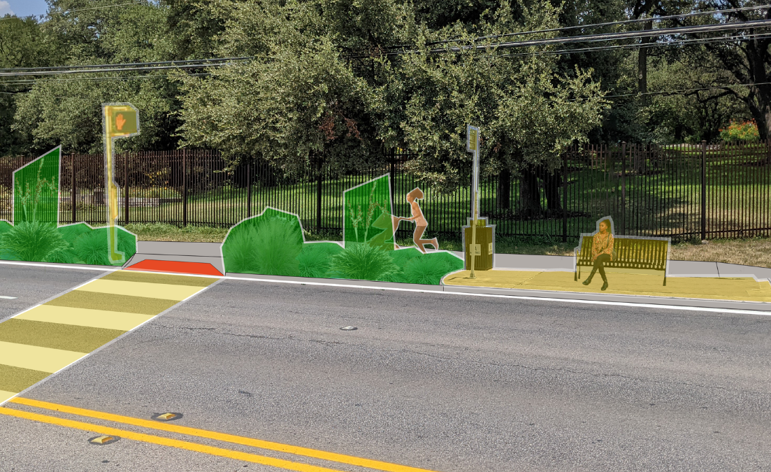 Rendering of the planned shared use path, pedestrian crossing, and bus stop on Barton Springs Road. illustrated rendering of a shared use path