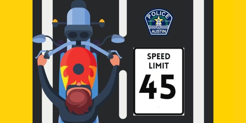 graphic of a motorcycle on the highway with the a 45mph speed limit sign and the APD logo