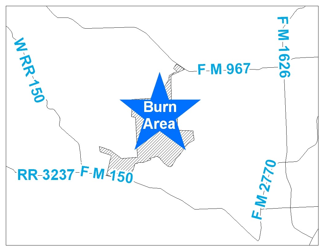Map: Smoke may be visible northeast of RR 3237, north of FM 150, south of FM 967 and west of FM 1626 and FM 2770 from 10 a.m. to sunset. Smoke may also be visible at locations along the I-35 corridor between South Austin and Kyle to the east, and to areas between Dripping Springs and Wimberley to the west.