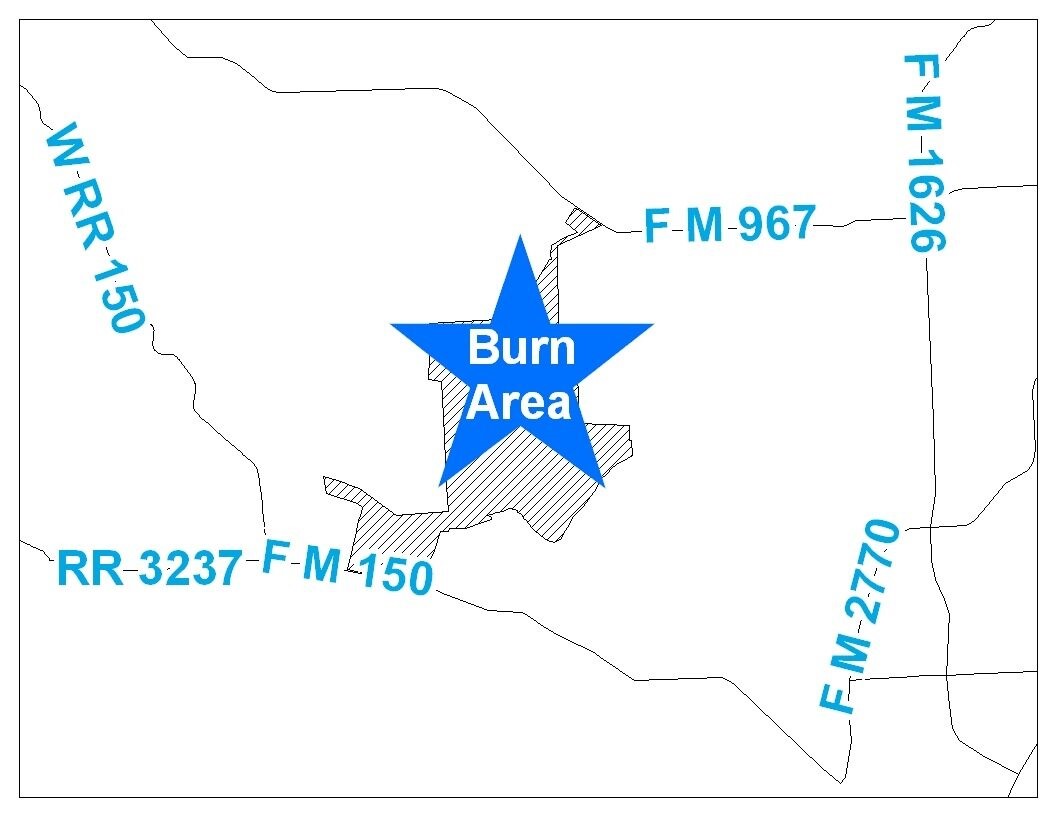Map: Smoke may be visible northeast of RR 3237, north of FM 150, south of FM 967 and west of FM 1626 and FM 2770 from 10 a.m. to sunset.