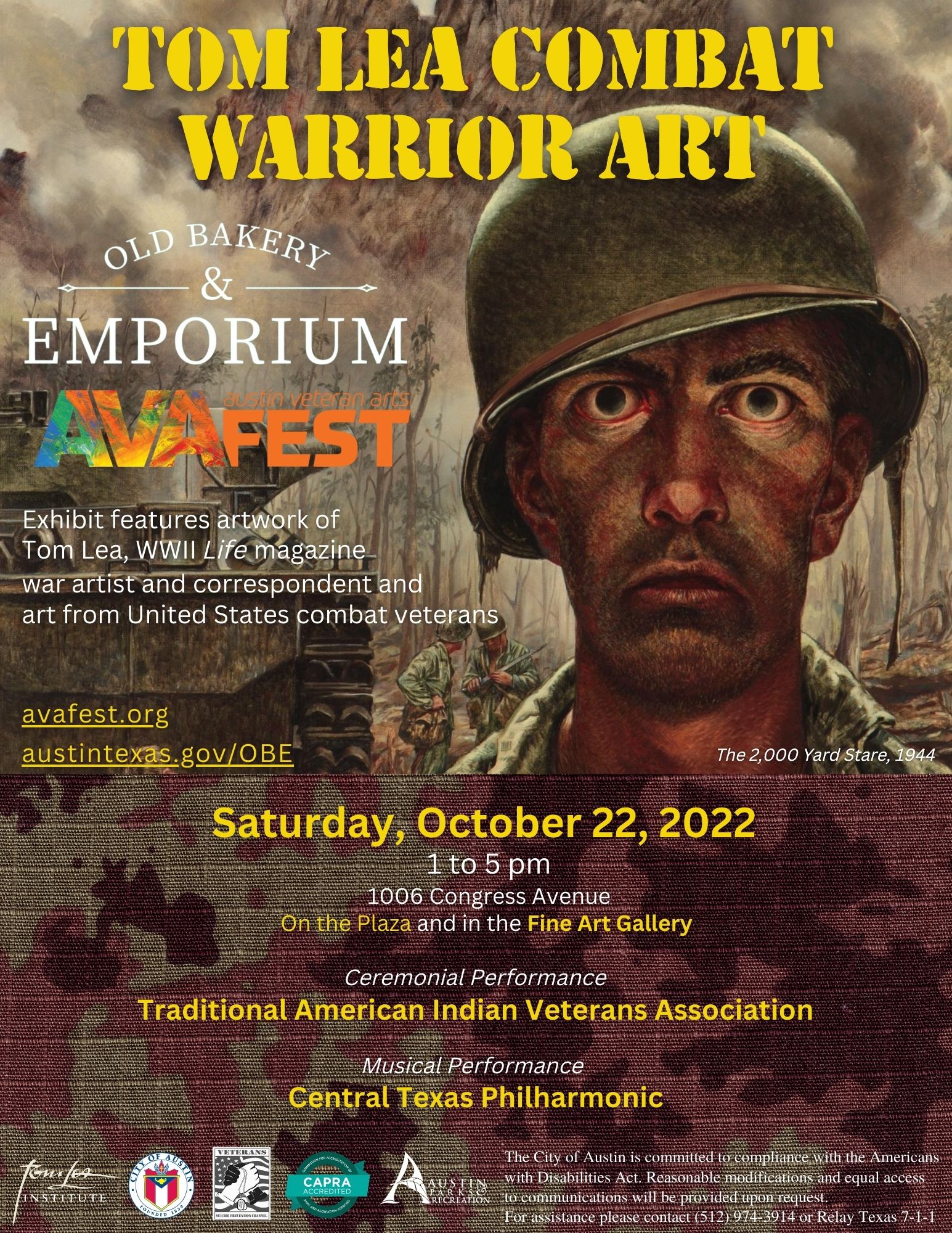 Tom Lea Combat Warrior Art Exhibit Poster - Takes Place on Saturday, October 22 from 1:00 to 5:00pm at The Old Bakery and Emporium on 1006 Congress Avenue