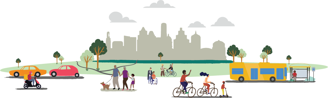 Illustration of people walking, biking, rolling