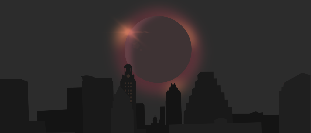 Solar eclipse over the City of Austin with UT Tower Skyline