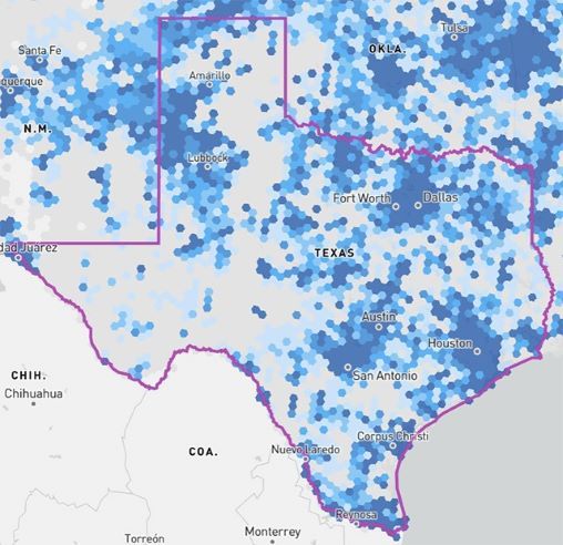 TX map showing where internet service is available