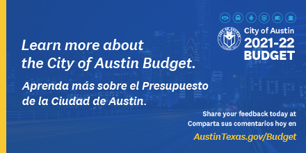 Graphic requesting feedback on City of Austin budget.