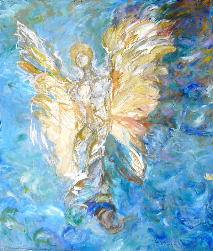 painting of angel with blue background