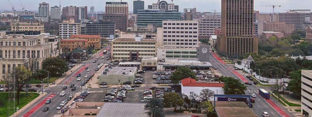 aerial photograph of the red bus lanes in downtown Austin