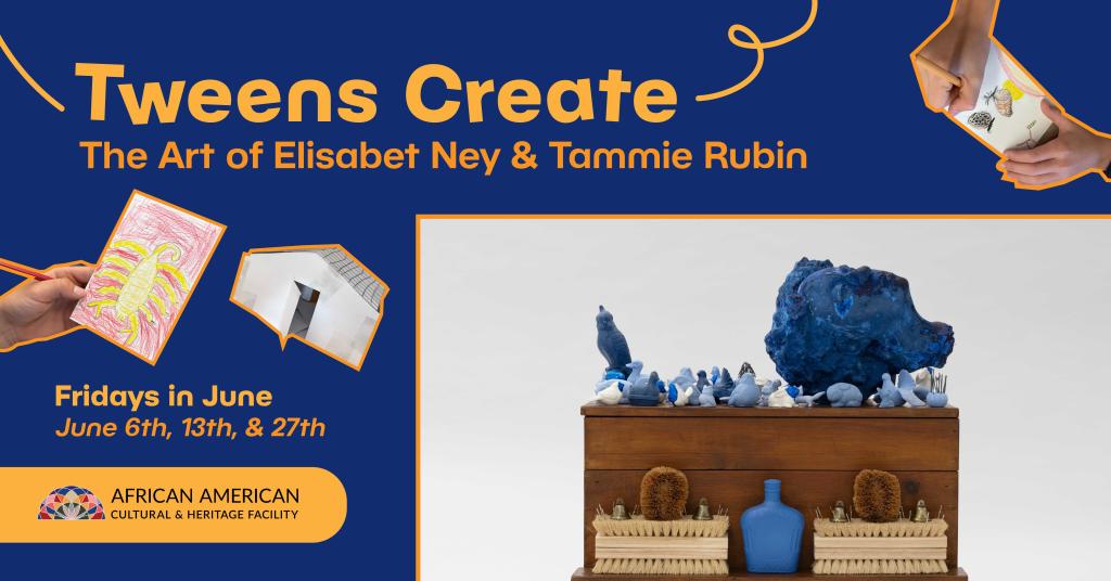 Tweens Create - blue sculptures with wooden furniture