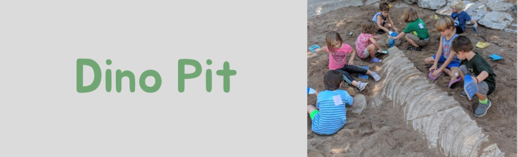 banner that read dino pit with image of children digging up fossils in sand pit.