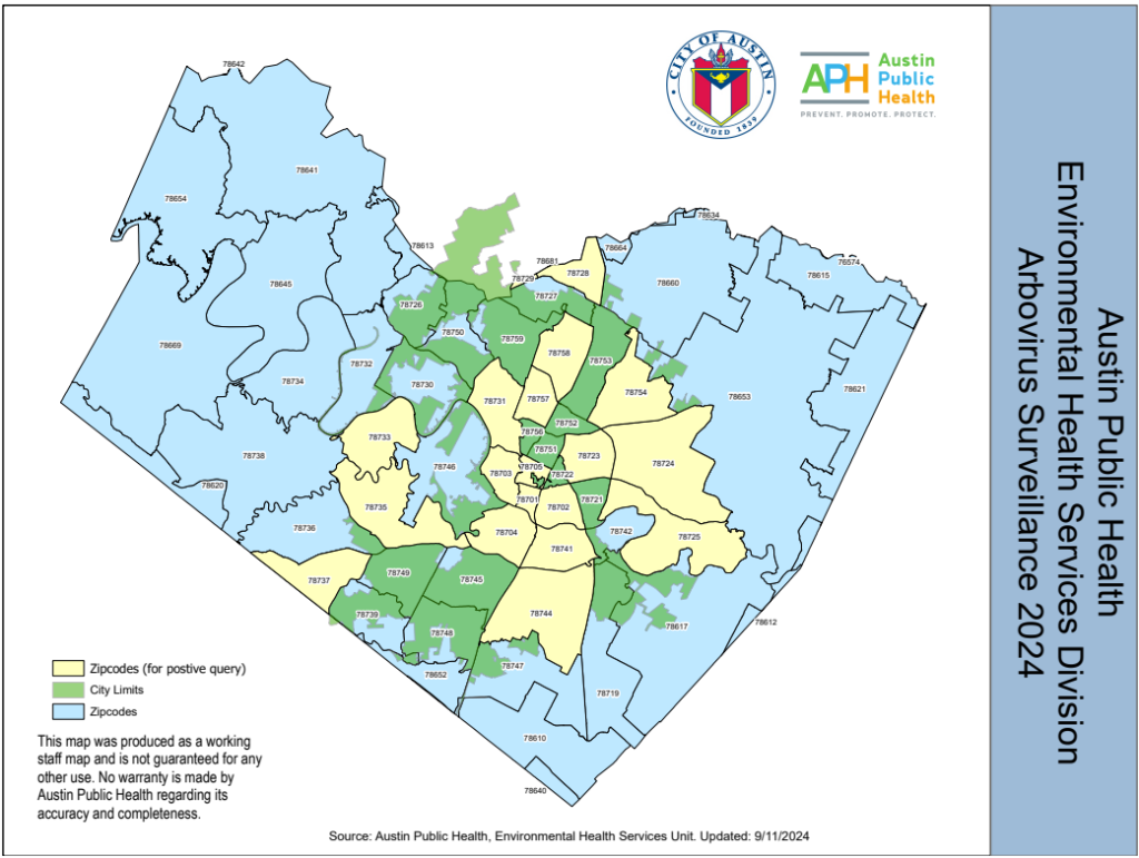 A map of Travis County by zip code, highlights zip codes where positive West Nile Virus pools have been found.