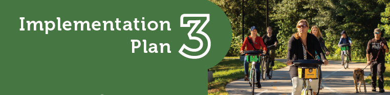 3. Implementation Plan. People riding bikes and walking dog on urban trail.