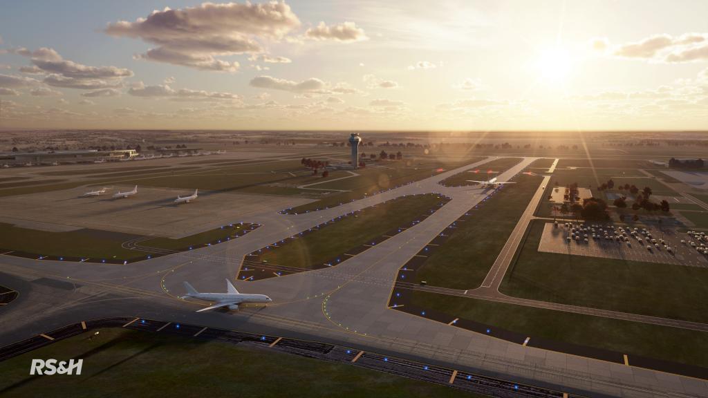 Conceptual rendering showing plane traveling on one of the two planned midfield taxiways.