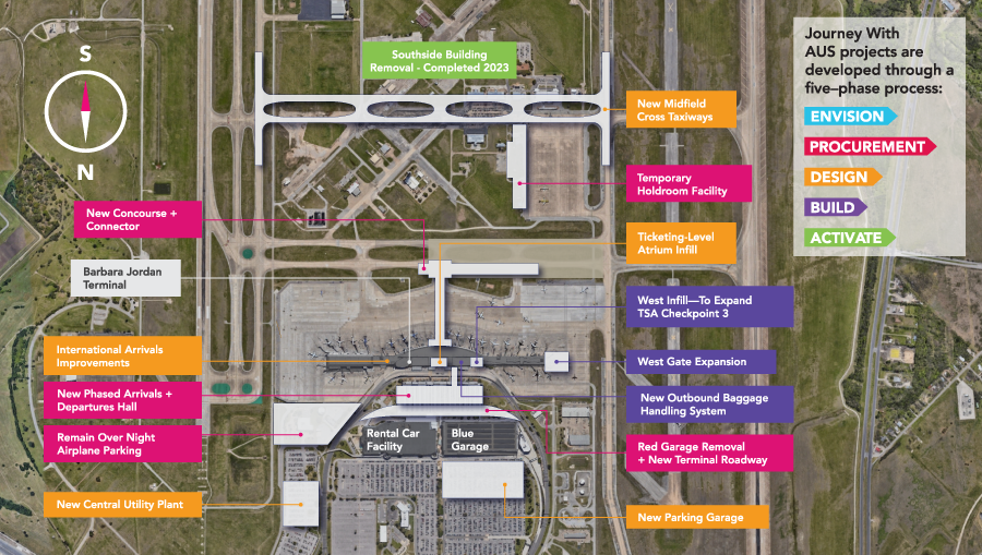 Journey With AUS project map showing project construction phases. Go to AustinTexas.gov/AUSJourney for more information.