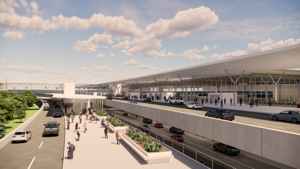 Conceptual rendering of curbside view for new Arrivals and Departures hall.