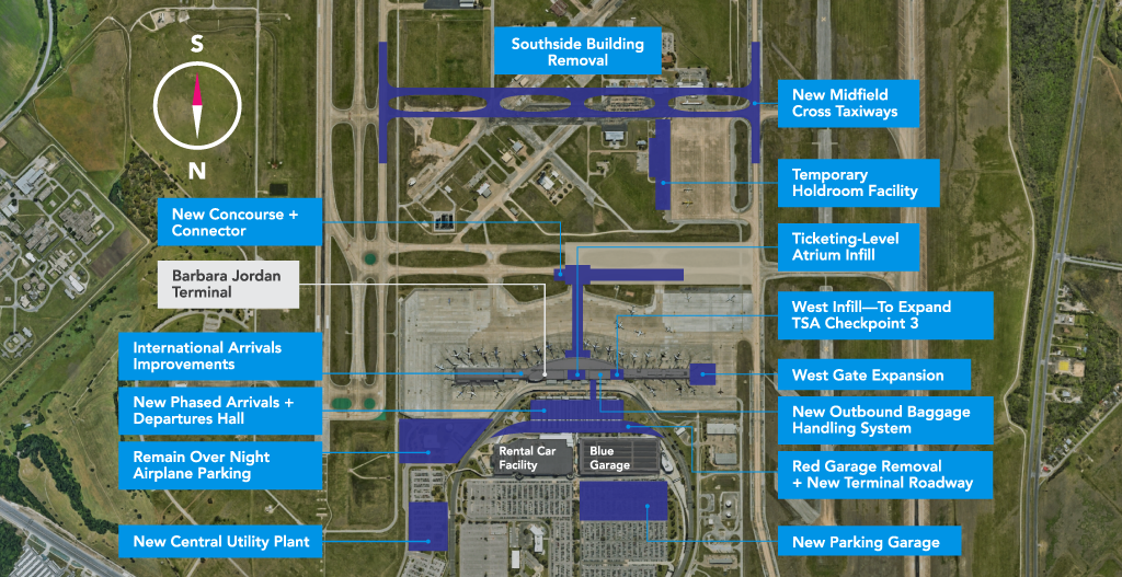 Map that outlines Journey with AUS project, which includes the new parking garage, new central utility plant, Red Garage Removal and new terminal roadway, Remain Over Night airplane parking, new outbound baggage handling system, new phased arrivals + departures hall, west gate expansion, International Arrivals improvements, West Infill - to expand TSA Checkpoint 3, Ticketing-Level Atrium Infill, New Concourse + Connector, Temporary Holdroom Facility, new midfield cross taxiway, and southside building removal