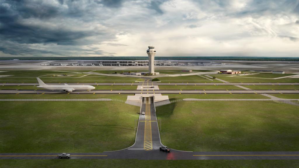 Architectural rendering of two new midfield taxiways as part of Journey With AUS program. Rendering shows a plane driving across one of the two new taxiways, as well as a bridge under the taxiway for vehicle travel