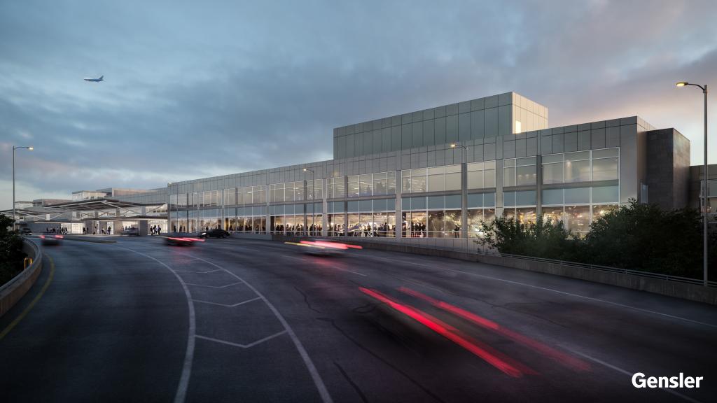 Architectural rendering of outside of Austin Airport terminal upon completion of the West Infill and TSA Checkpoint 3 expansion project. 