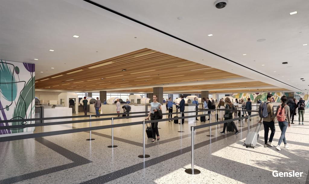 Architectural rendering of passengers lining up to go into the new, expanded TSA Checkpoint 3 after project completion.