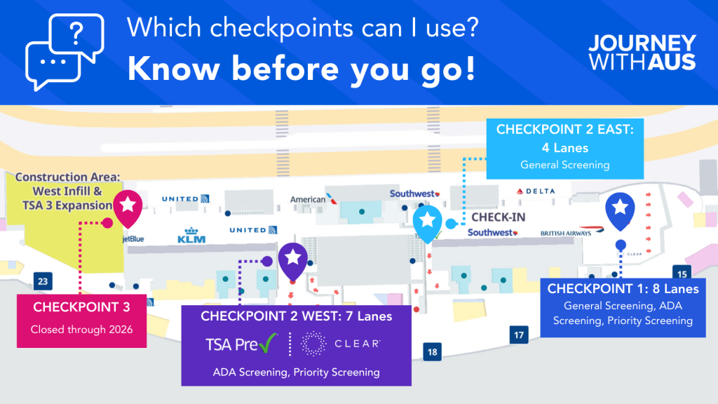 Which Checkpoints can I use? Checkpoint 2 East - 4 Lanes General Screening; Checkpoint 1: 8 Lanes; General Screening, ADA, Priority Screening; Checkpoint 2 West: TSA PreCheck and Clear; ADA and Priority Screening; Checkpoint 3: Closed through 2026