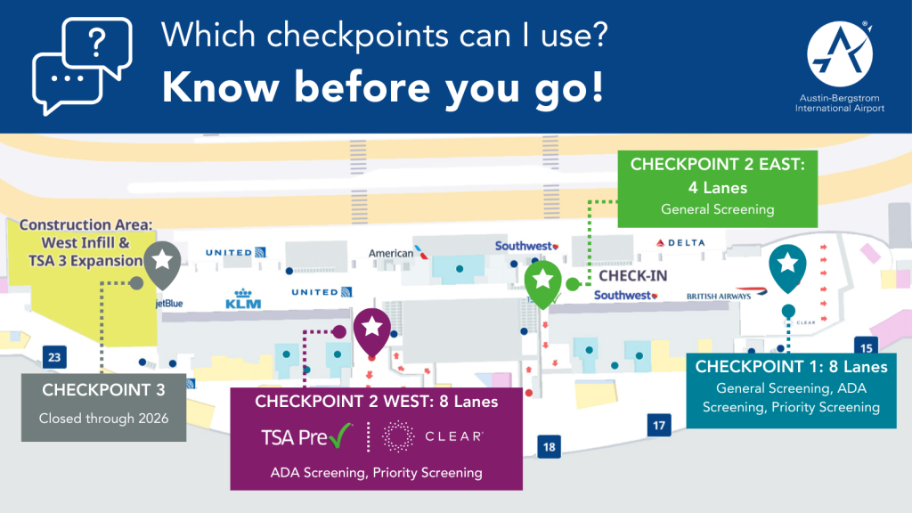 Which Checkpoints can I use? Checkpoint 2 East - 4 Lanes General Screening; Checkpoint 1: 8 Lanes; General Screening, ADA, Priority Screening; Checkpoint 2 West: TSA PreCheck and Clear; ADA and Priority Screening; Checkpoint 3: Closed through 2026