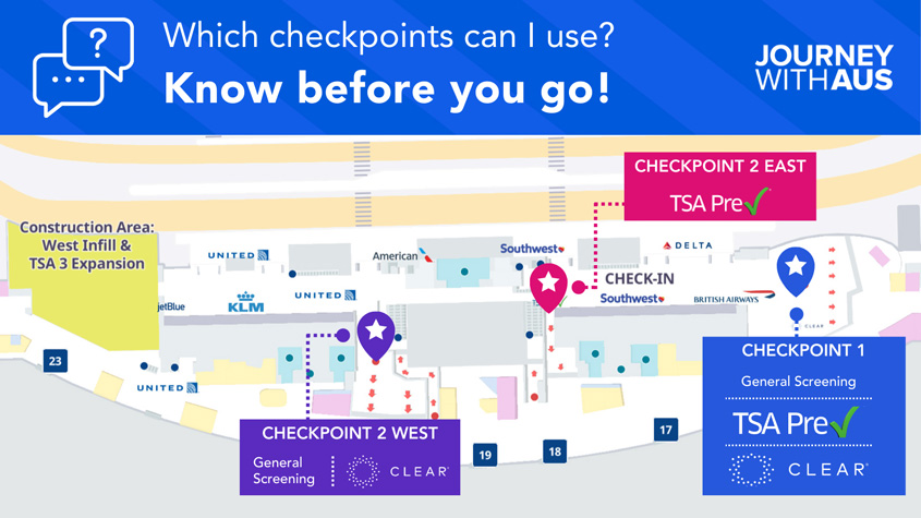 Map showing locations of TSA checkpoints and identifying if checkpoints allow for general, Clear, or TSA Precheck screening. All passengers can use TSA Checkpoints 1 and 2 West. TSA PreCheck is available at Checkpoints 1 and 2 East. Clear is available at Checkpoints 1 and 2 West.