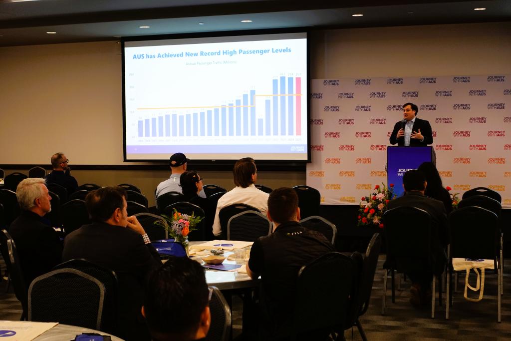 Attendees of the “Runway to Opportunities: Prime Contractor Meet and Greet” event mingle and hear about subcontracting opportunities for Austin-Bergstrom International Airport's Journey With AUS expansion program projects.