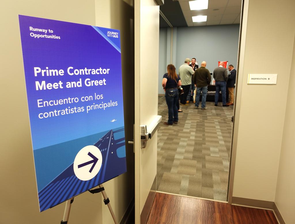 Attendees of the “Runway to Opportunities: Prime Contractor Meet and Greet” event mingle and hear about subcontracting opportunities for Austin-Bergstrom International Airport's Journey With AUS expansion program projects.