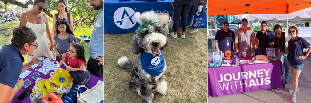 Image of AUS at community events. From left to right: Community Engagement Specialist AnaLau Cavazos speaking with attendees at Blues on the Green. Frida the poodle posing at Mighty Texas Dog Walk, AUS Stakeholder Relations tabling at an event discussing the Journey With AUS expansion program.