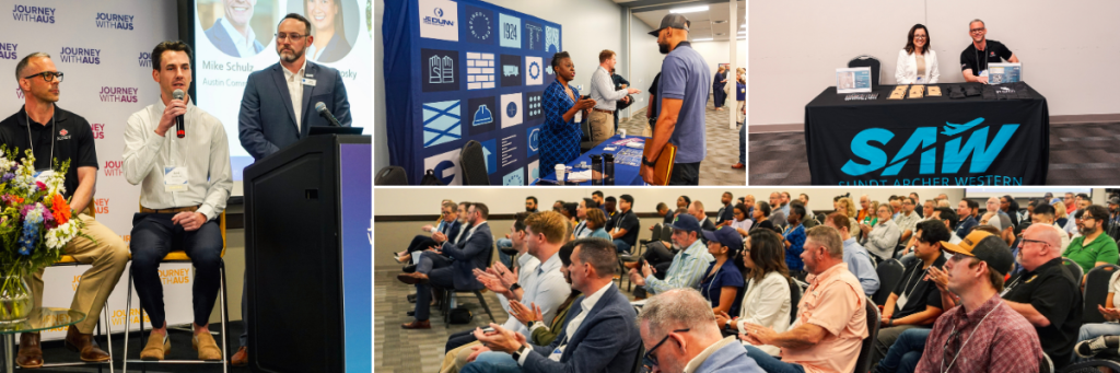 Collage of images from Runway to Opportunities in 2025. From left to bottom right: Kyle Carvell and the airport prime construction firms speaking, networking between prime contractor and attendee, Sundt Archer Western table, audience attending a presentation.