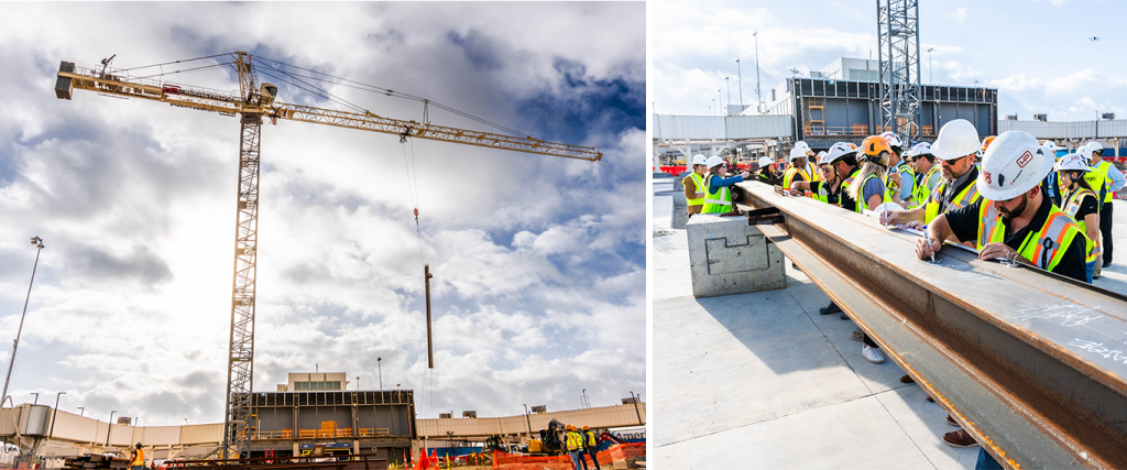 Two photos. Left: West Gate Expansion crane lifting steel beam. Right: Staff and stakeholders signing the beam prior to installation.