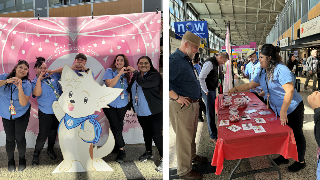 Two images from Guest Services 2024 Valentine's Day event. Left: Guest Services staff pose and make heart-shapes with their hands around a cutout of Austie, AUS's puppy dog mascot. Right: Guest Services staff around a table giving out candy to AUS travelers.