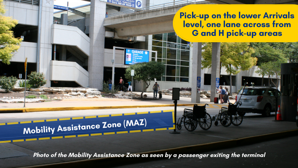 Photo of the Mobility assistance zone pick-up area outside of baggage claim. Text reads: Pick-up on the lower Arrivals level, one lane across from G and H pick-up areas.