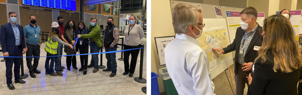 Two images. Left: AUS staff at TSA Checkpoint 2 East opening in December 2022. Right: AUS staff presenting information as part of Environmental Assessment work in 2022.