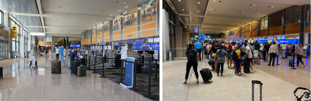 Two images. Left: AUS ticketing counters with very few travelers in May 2020. Right: a bustling AUS ticketing counter in May 2022.