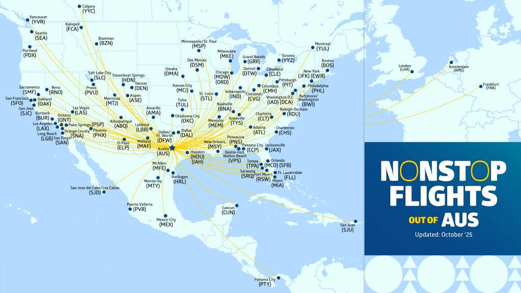 Flight map of nonstop destinations out of AUS. Updated October 2025