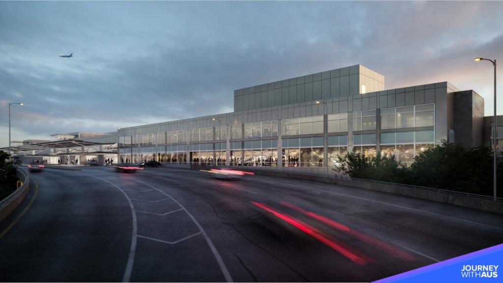 Rendering of the AUS terminal building at dusk, with large glass windows showing activity inside. A roadway in front of the terminal has blurred lights from moving cars, indicating motion. An airplane is visible in the sky above. The bottom-right corner includes the phrase “Journey With AUS.”