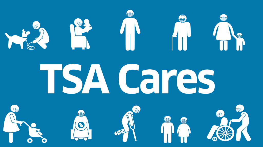 A graphic with text that reads TSA Cares