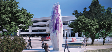 Metallic and purple obelisk structure