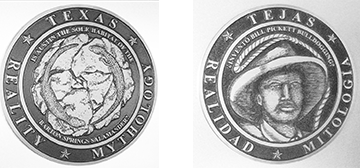 Silver medallion art featuring Texas icons