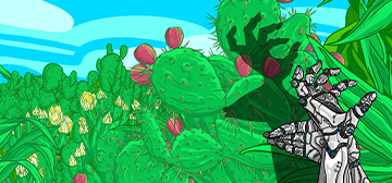 Large painting featuring a blue sky, overlapped by vibrant prickly pear cacti and a robot's hands casting a shadow that creates a silouhette of a deer. 